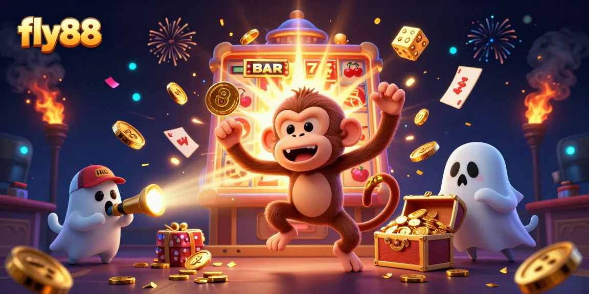Experience thrilling wins on fly88 with a ghostly monkey juggling casino treasures in a vibrant backdrop.