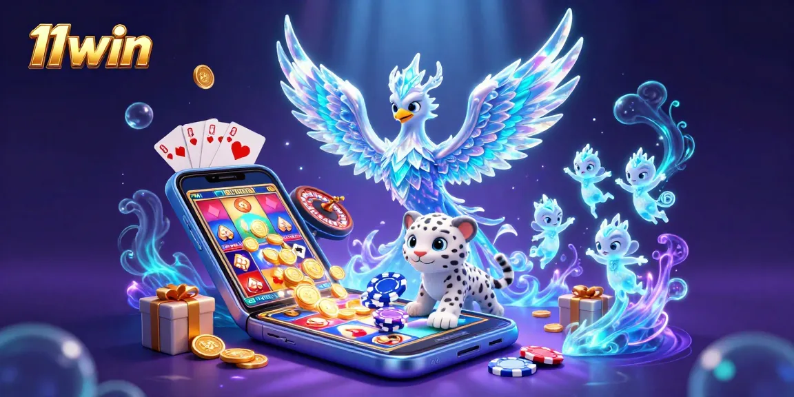 Engage with the vibrant 11win gaming scene featuring a fantasy phoenix, snow leopard, and lively gaming elements.