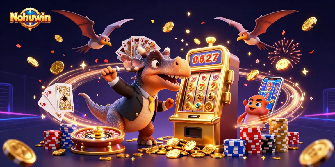 Nohuwin highlights an exciting jackpot scene with animated dinosaurs and vibrant casino elements.
