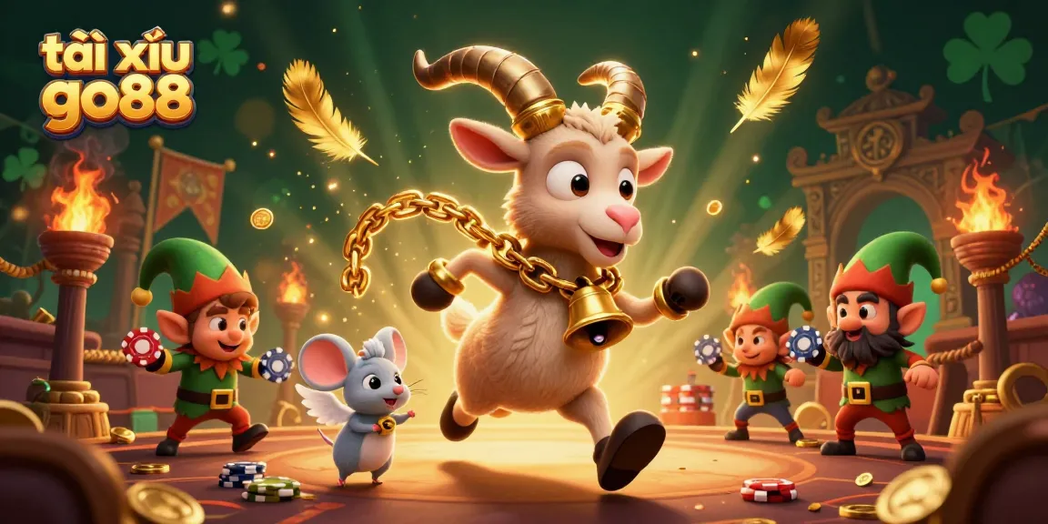 Tài xỉu go88 scene with a Krampus goat in chains, angel mouse, and elf gremlins at a lively casino.