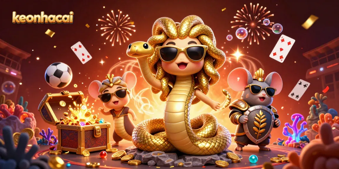 Interact with keonhacai in a vibrant 3D casino illustration featuring Medusa and a warrior mouse amidst gambling elements.