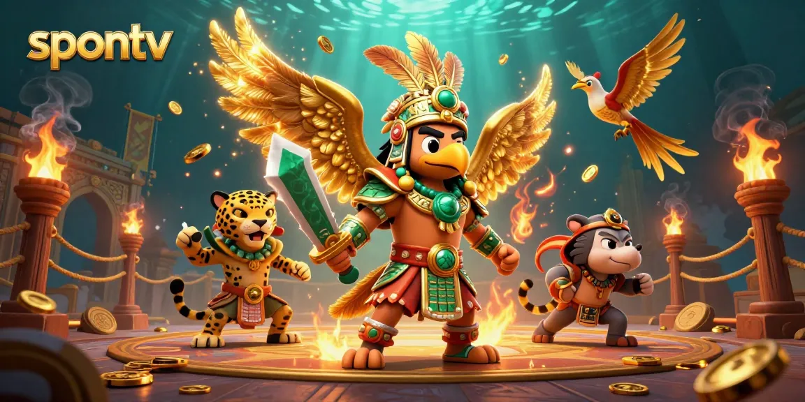 Watch live sports on spontv, featuring a dynamic scene of Aztec warriors and gold elements.
