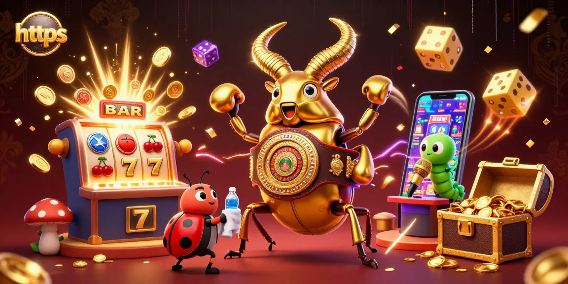 Experience thrilling adventure on https with a giant golden stag beetle battling in a vibrant casino world.