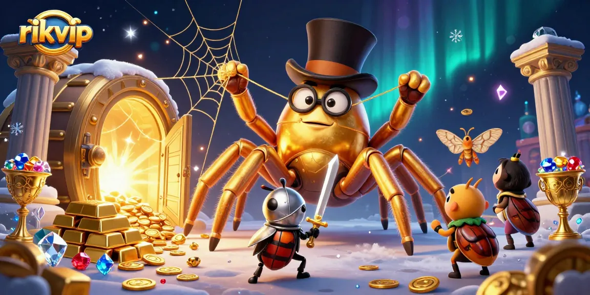 Play casino games at rikvip with a vibrant scene featuring a golden tarantula and treasure