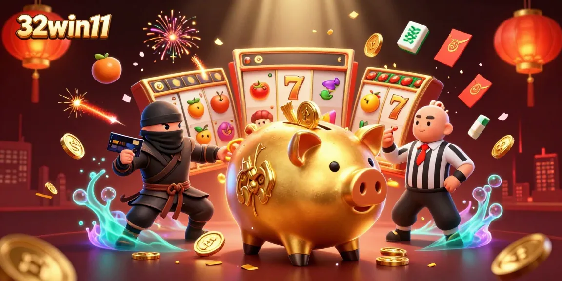 Engage with 32win11's online slots featuring a vibrant 3D illustration of a sumo wrestler piggy bank and dynamic gambling elements.