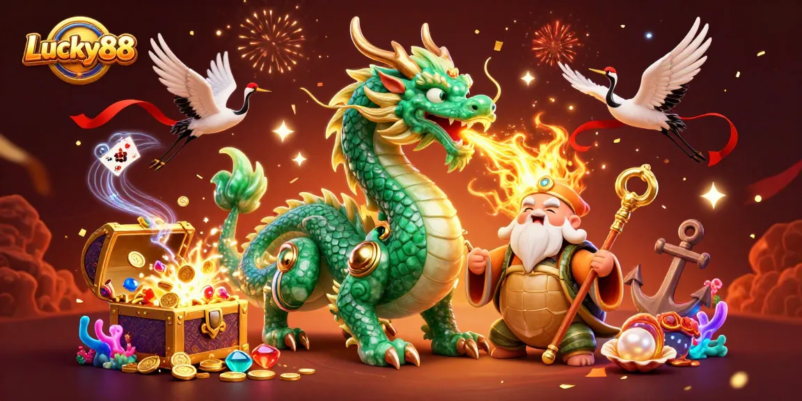 Experience thrilling wins with Lucky88 featuring a jade dragon and magical casino elements.