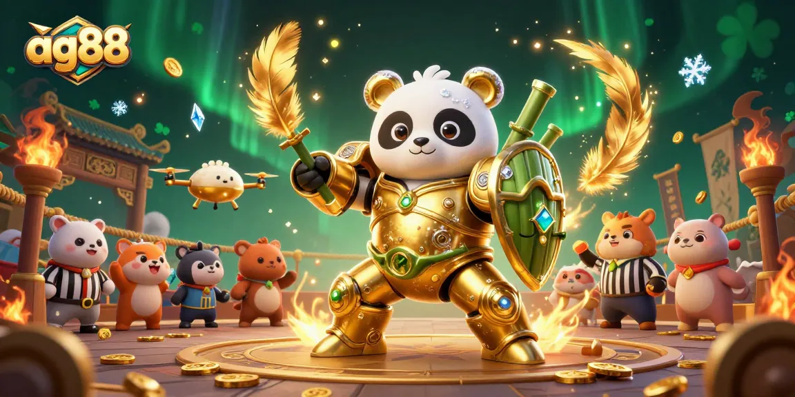 Engage with ag88 in an action-packed scene featuring a mech-suit panda in a vibrant casino arena.
