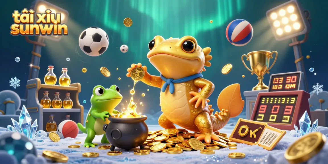 Tài xỉu sunwin features a magical scene with a giant salamander alchemist creating gold coins and sports elements around
