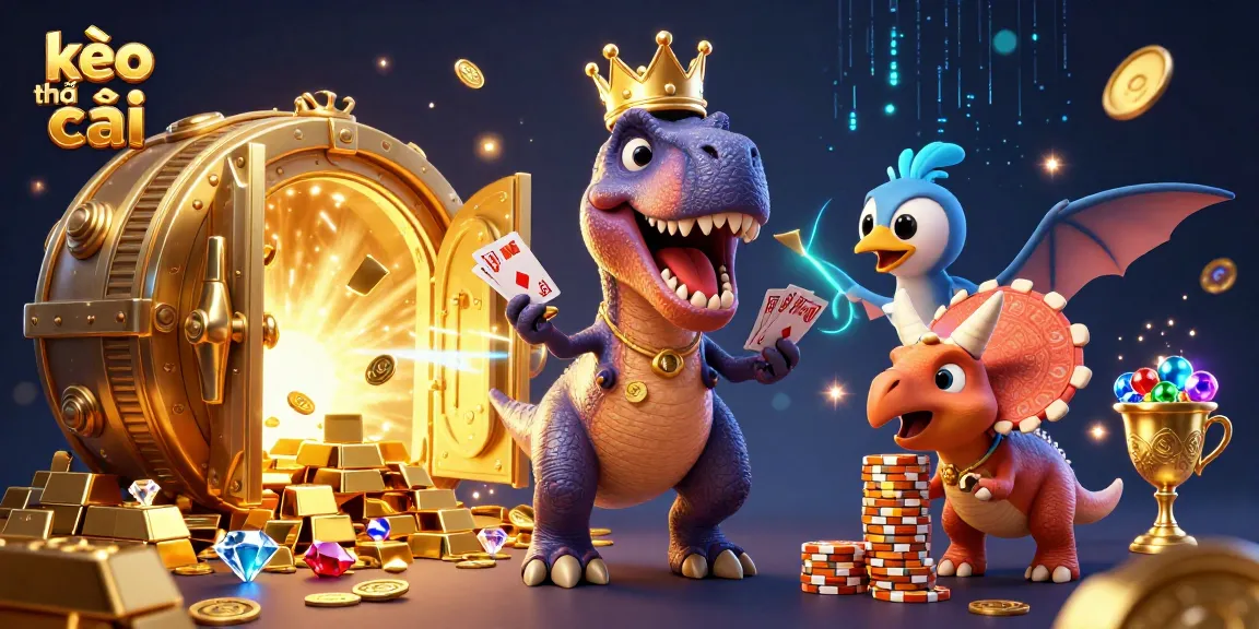 Watch the friendly T-Rex shuffle cards and stack chips in this lively kèo nhà cái scene.