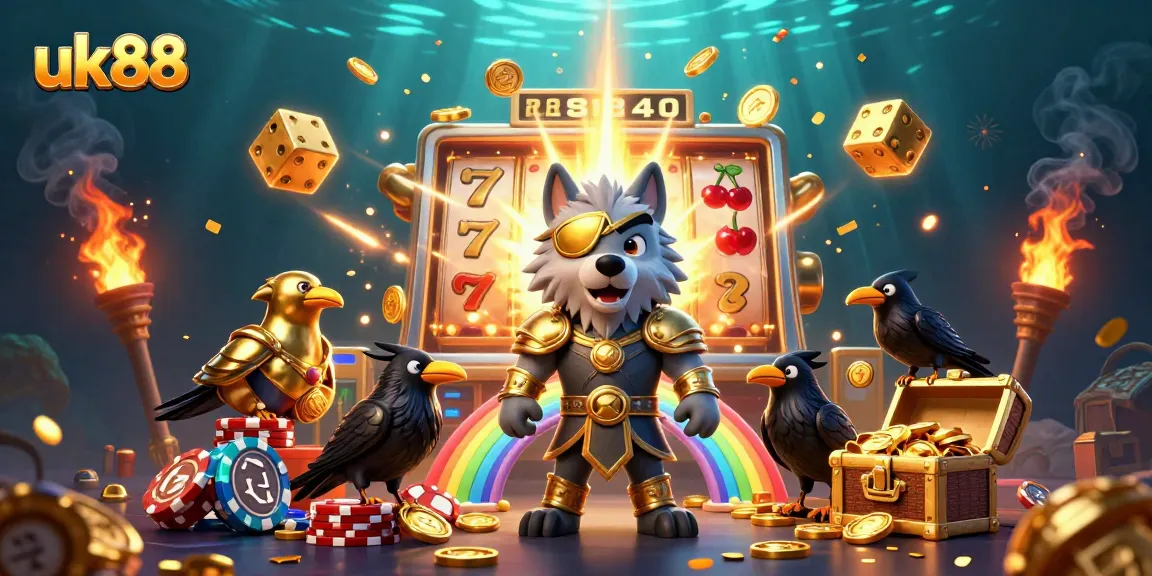uk88 showcases a vibrant casino scene with Odin, ravens, slot machines, and golden treasures.