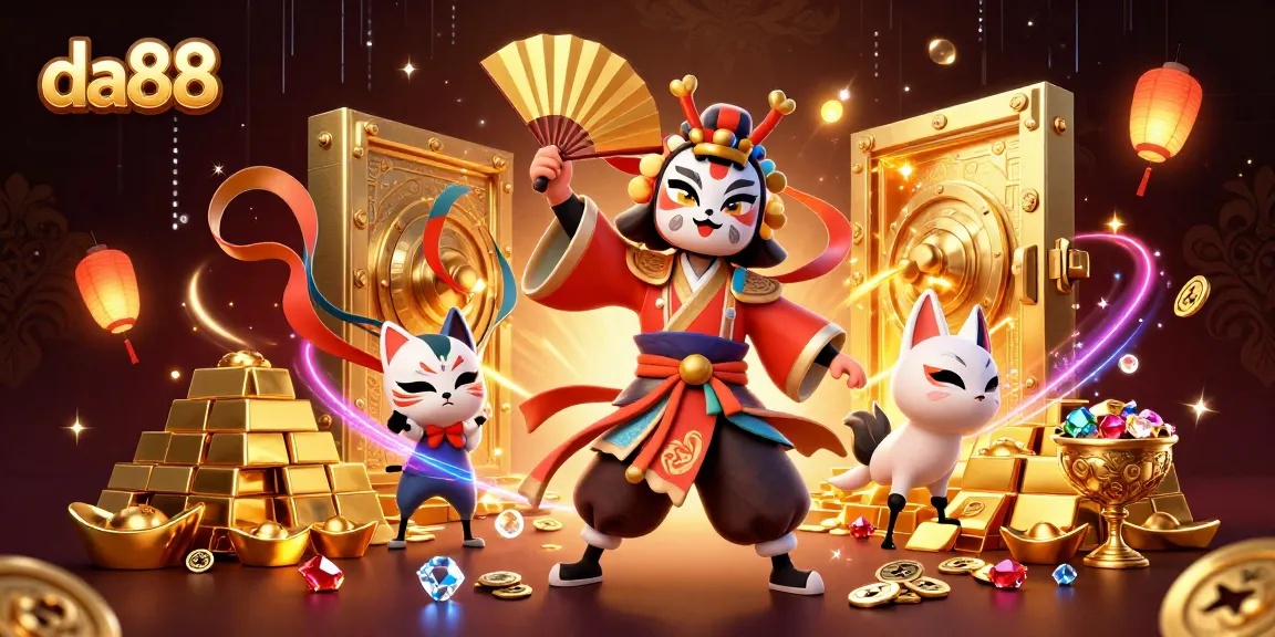 Experience thrilling da88 casino adventures with a vibrant kabuki warrior and whimsical kitsune in a treasure-filled scene.