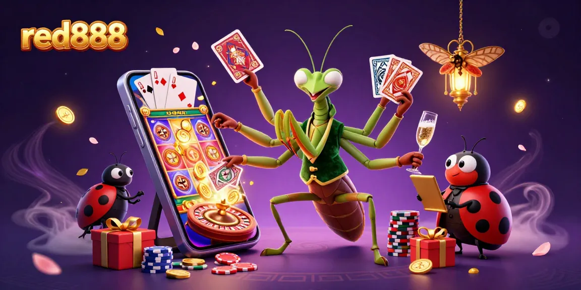 Experience excitement with red888 gambling scene featuring a giant mantis card sharp and ladybug pit boss.