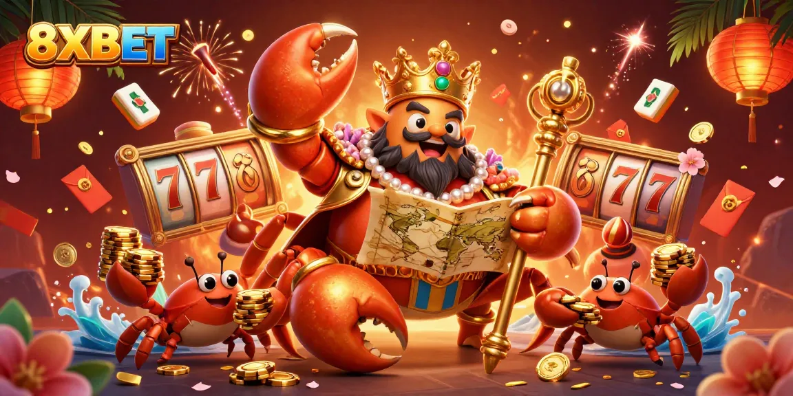Experience the thrill of 8XBET's golden crab emperor amid dynamic jackpot excitement and vibrant casino elements.
