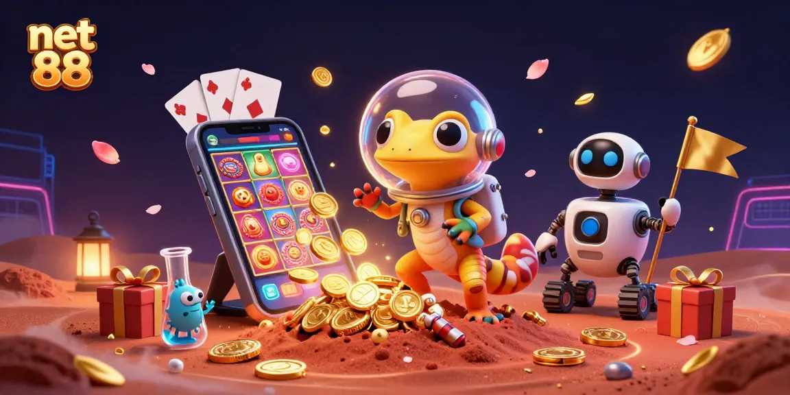 Experience excitement with net 88, featuring a Martian gecko exploring a golden casino on Mars.
