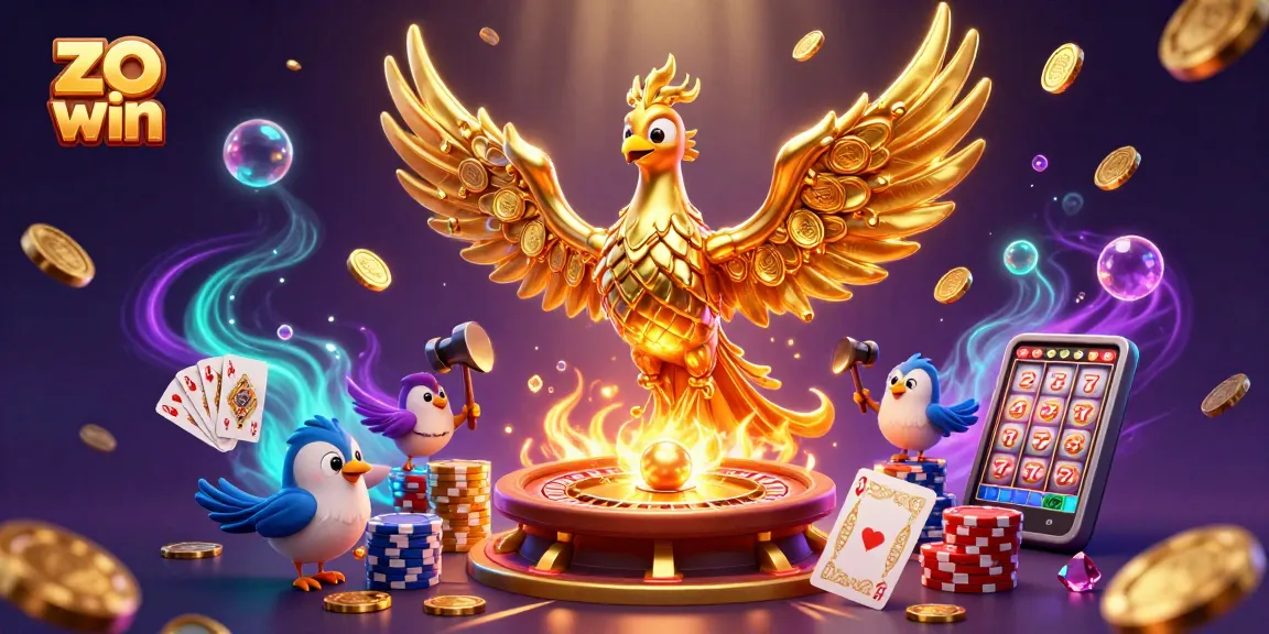 Bet on exciting games with zo win's captivating 3D casino scene featuring a golden phoenix.