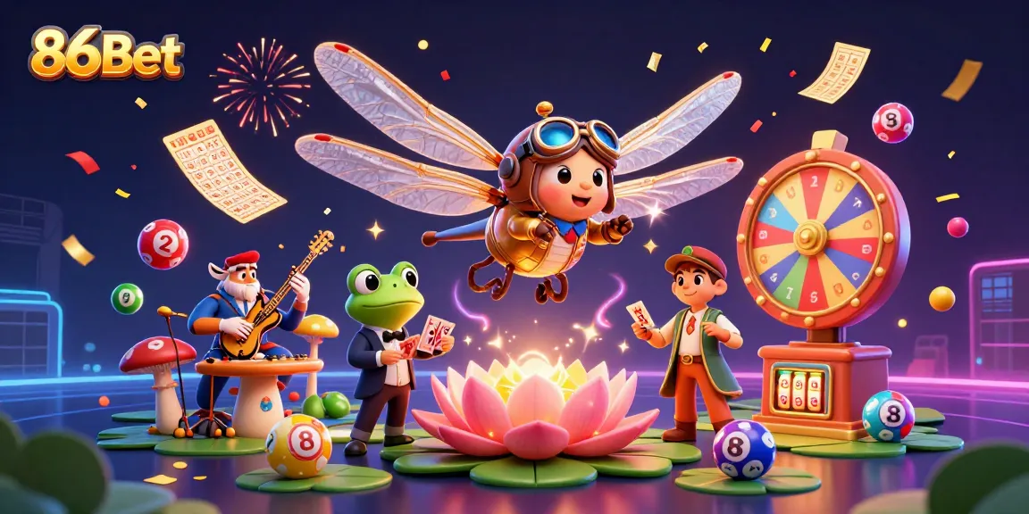 Experience the vibrant excitement of 86Bet with a 3D illustration showcasing a dragonfly pilot and lively casino atmosphere.