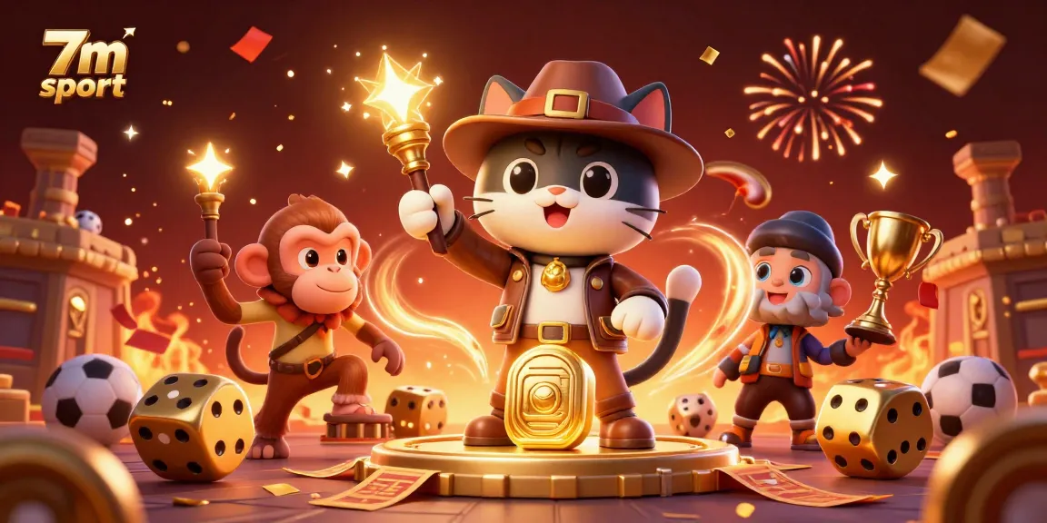Engage with 7m sport in this vibrant illustration of a cartoon explorer cat discovering casino treasures.