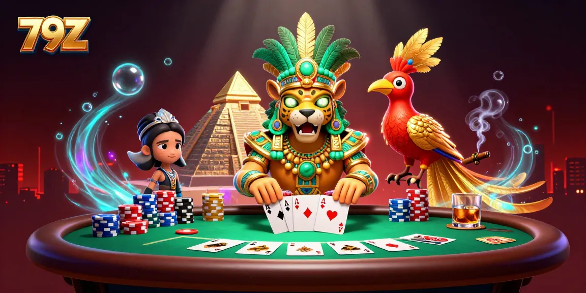 Experience thrilling poker action in 79Z with a vibrant Mayan casino scene filled with dynamic elements.
