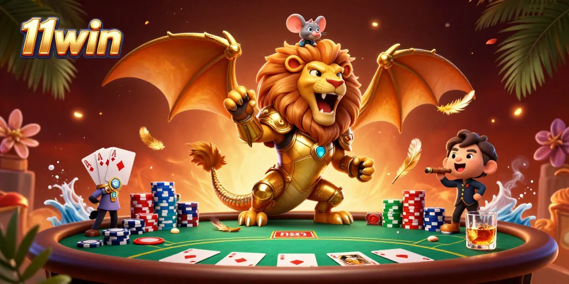 Experience the excitement of 11win with a triumphant chimera creature and dynamic poker scene.