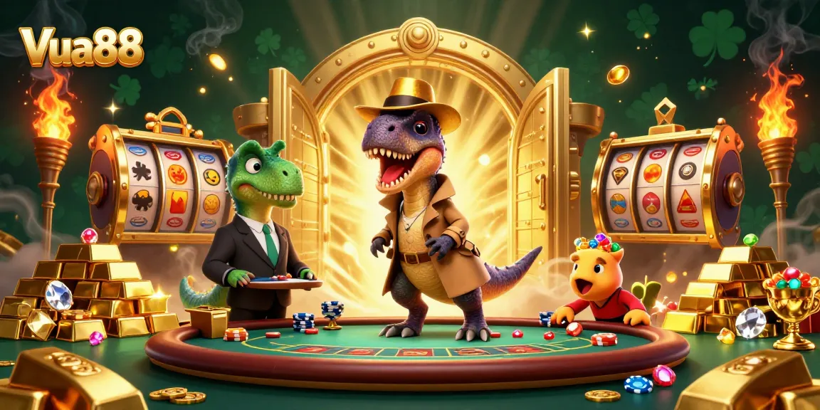 Engage in thrilling gameplay at Vua88 with a cartoon velociraptor card counter and immersive casino elements.