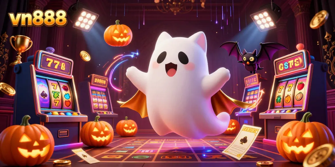 Spin the reels at vn888's haunted casino, featuring a ghost cat and dynamic jackpots.