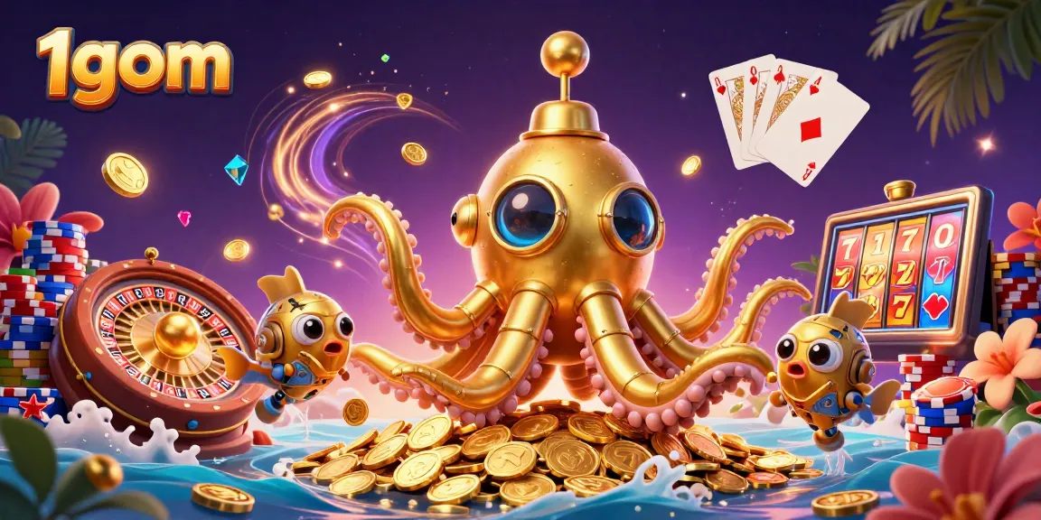 Experience 1gom's vibrant gambling scene with golden treasures and spinning roulette.