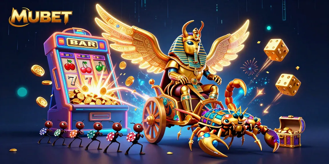 MUBET slots scene showcasing a golden scarab beetle in armor amidst a jackpot explosion