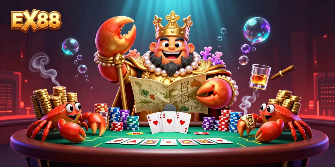 Engage in thrilling gameplay at EX88, featuring a golden crab emperor presiding over vibrant poker elements.