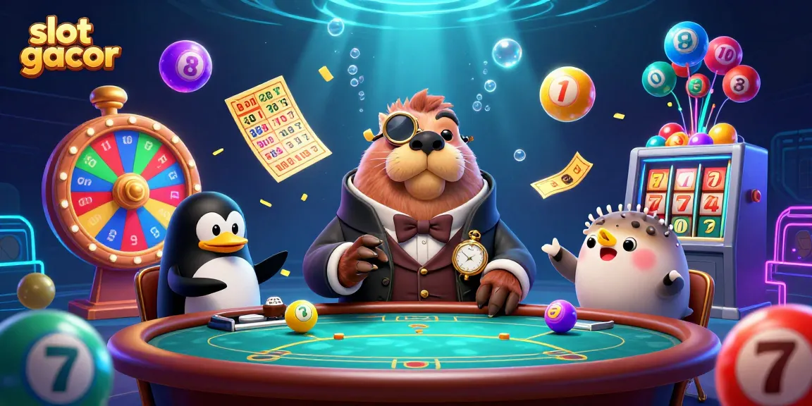 Engage in thrilling slot gacor action with a jolly walrus at an underwater poker table, featuring vibrant games.