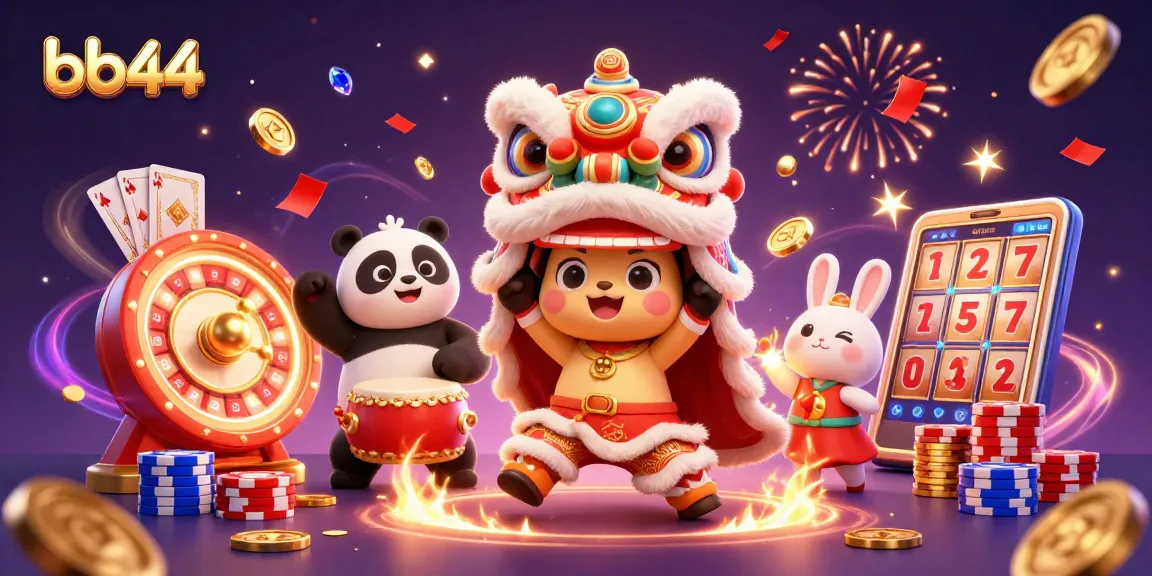 Experience the excitement of bb44 with a vibrant casino illustration featuring festive characters and golden wins.