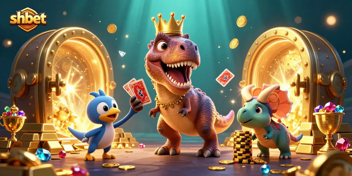 Experience thrilling action at shbet, featuring a T-Rex shuffling cards and treasure galore in a vibrant casino scene.