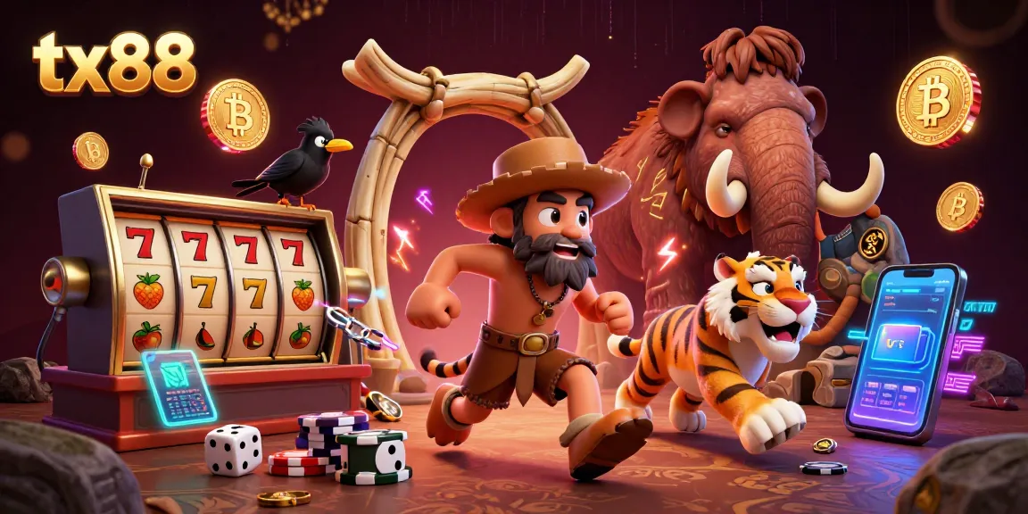Experience thrilling slots action at tx88 with a lively prehistoric casino scene featuring unique characters.
