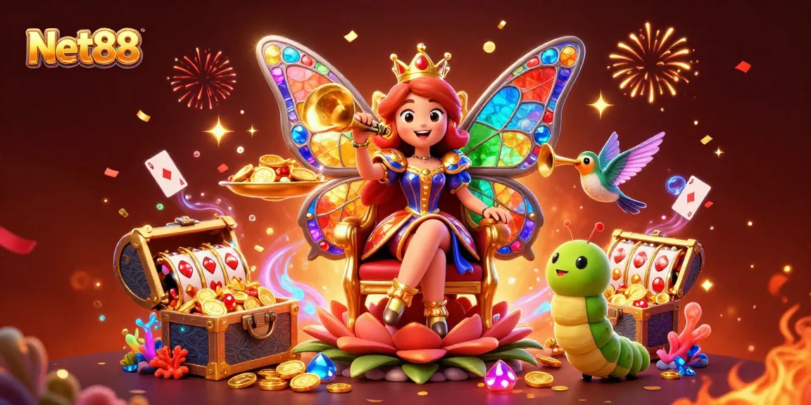 Experience vibrant online gaming action with Net88’s butterfly queen and golden chips in this illustration.