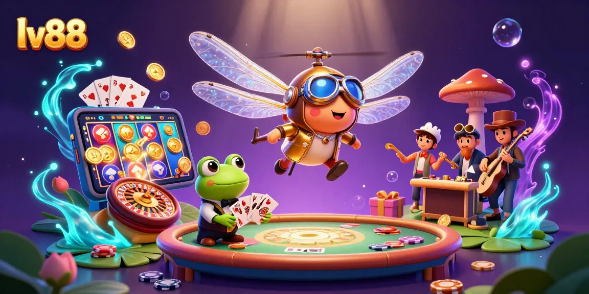 Experience the excitement of lv88 with a frog croupier and a dragonfly pilot in a vibrant casino scene.