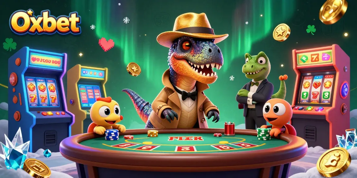 Experience the vibrant action at Oxbet with a velociraptor card counter and colorful casino elements