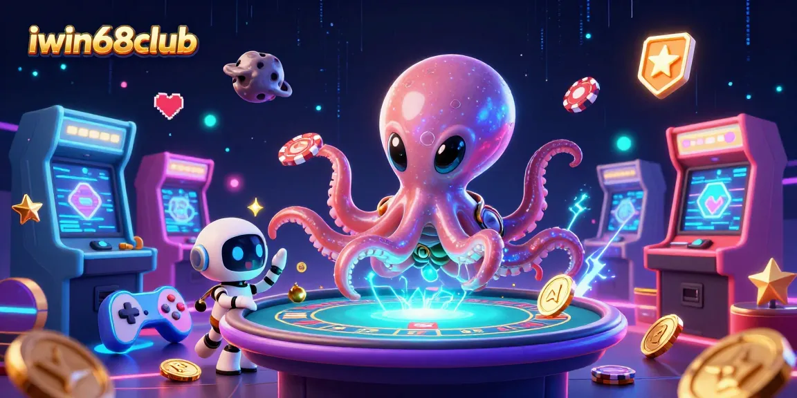 Experience thrilling gameplay at iwin68club with a vibrant 3D scene showcasing an alien octopus operating a poker table.