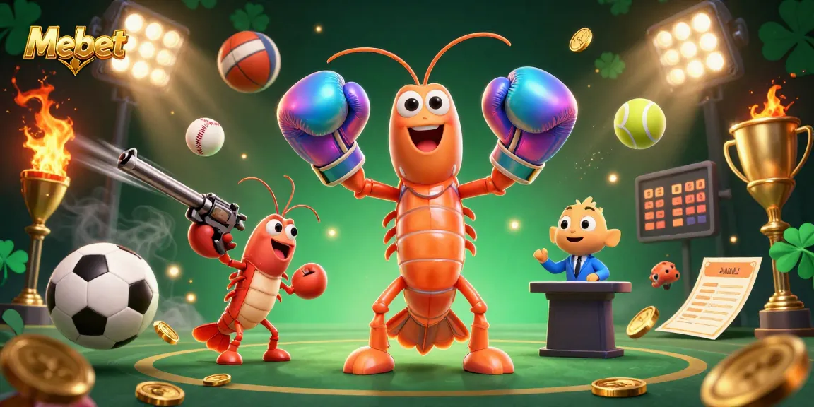 Mebet sports betting scene with dynamic sports elements and characters in a vibrant illustration.