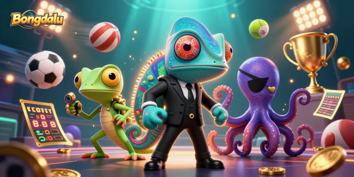 Bongdalu's exciting betting scene with a secret agent chameleon, gecko companion, and dynamic sports elements.