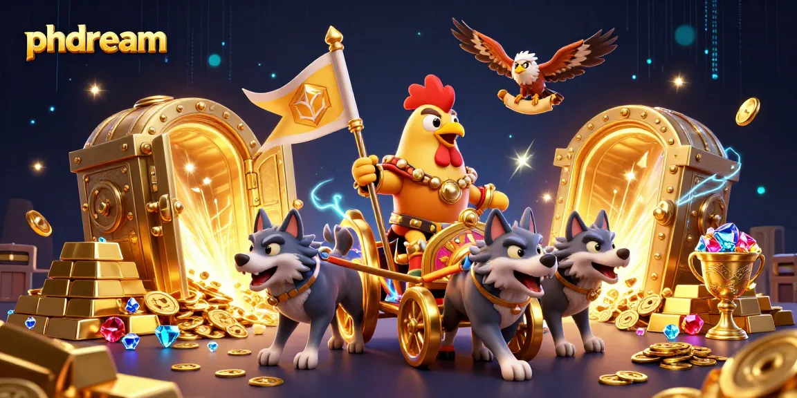 Spin to win at PHDREAM with a vibrant 3D illustration showcasing a golden chariot and treasure.