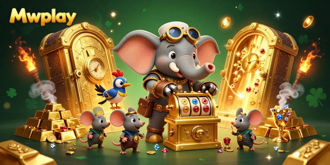Mwplay's dynamic casino scene with a steampunk elephant and treasures overflowing, showcasing vibrant gaming excitement.