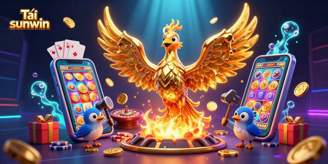 Experience Tải sunwin with a vibrant 3D depiction of a golden phoenix and casino elements.