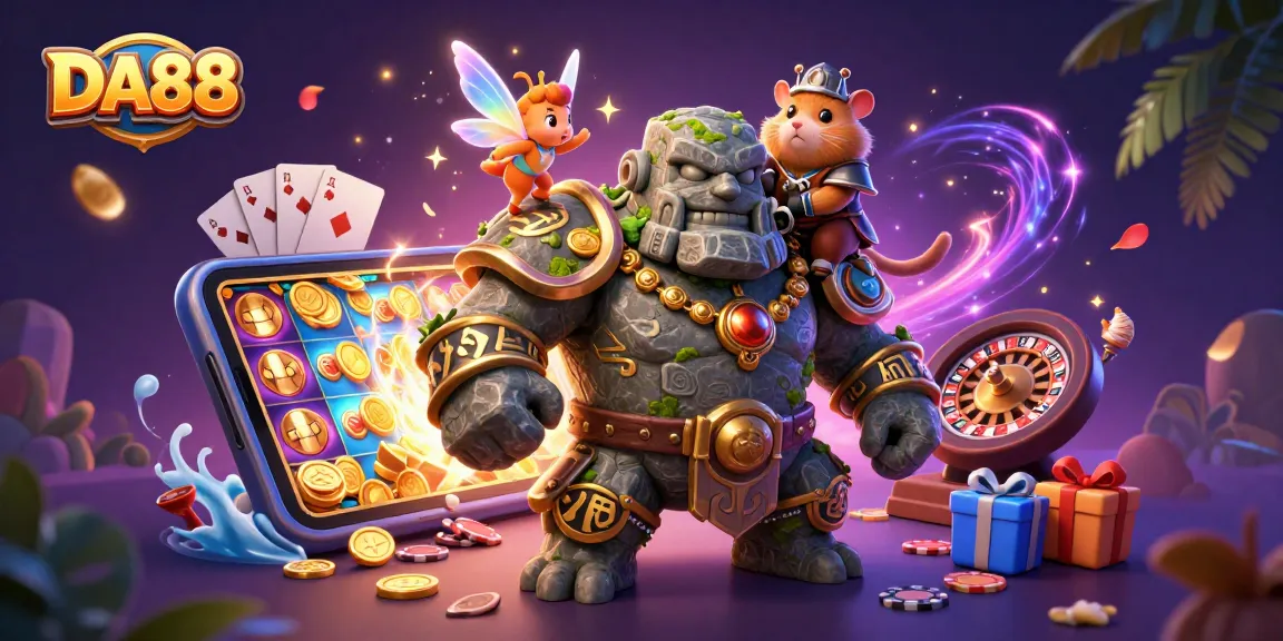 DA88 reels spin as the golem guardian and fairy cast magic in this vibrant casino scene.