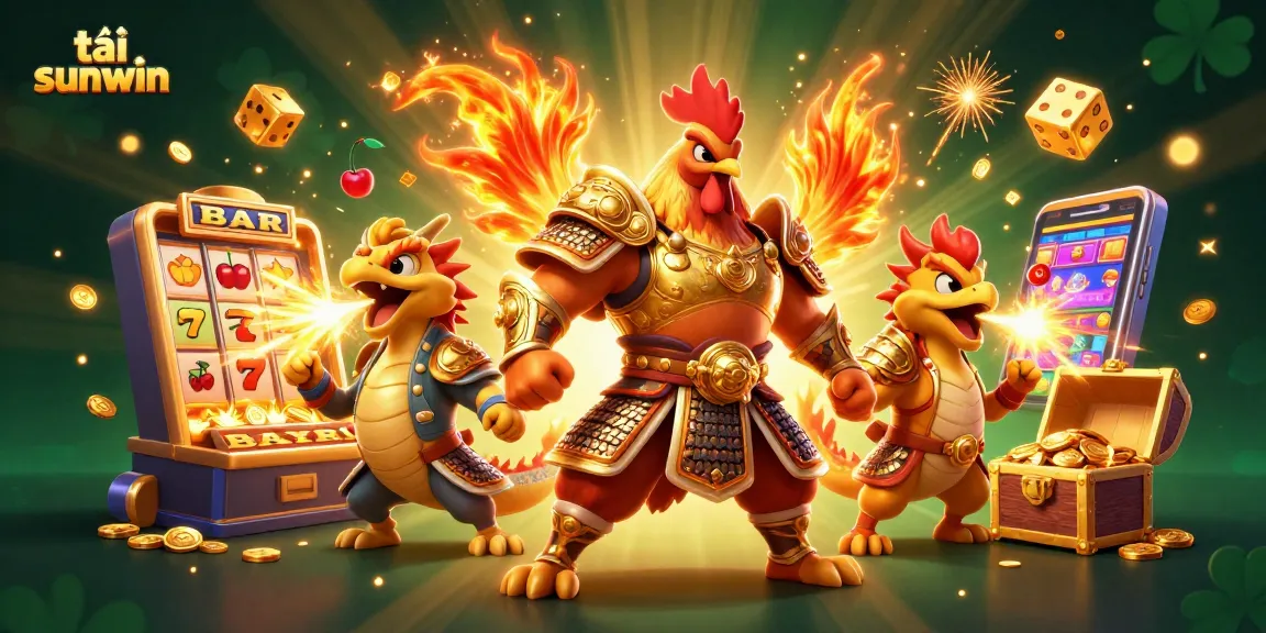 Play and win at tải sunwin with a vibrant scene of a fighting rooster, dragon, and lucky symbols.