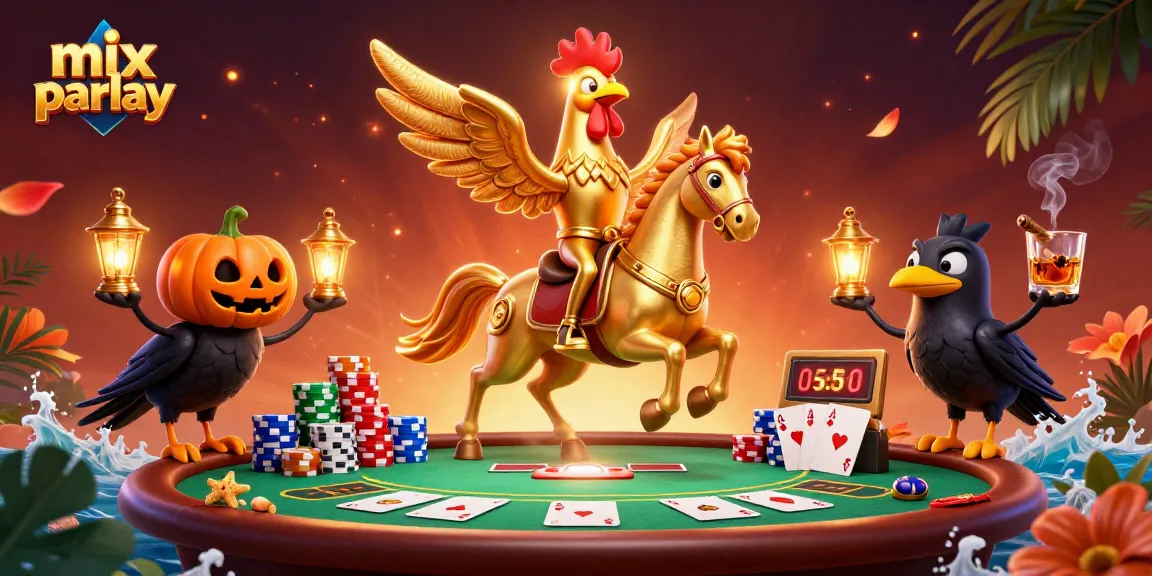 Experience mix parlay betting with a golden rooster and companions in an enchanting casino scene.