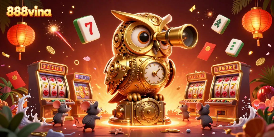 Engage with the excitement of 888vina's slot machines amid vibrant casino elements in a colorful illustration.