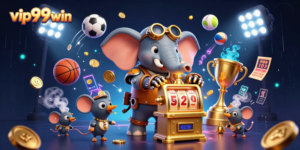 Experience the vibrant world of vip99win as a steampunk elephant spins a golden slot machine surrounded by dynamic sports elements.