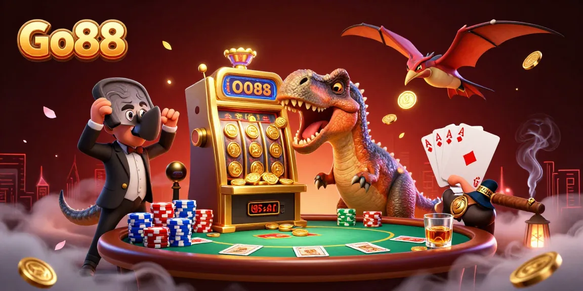 Go88 offers a dynamic gaming experience with vibrant characters and exciting casino action in this illustrated scene.
