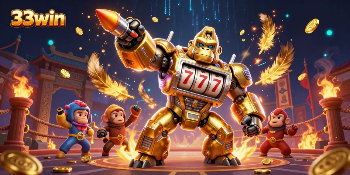 Experience thrilling gameplay with 33win's golden mech and slot machine action.