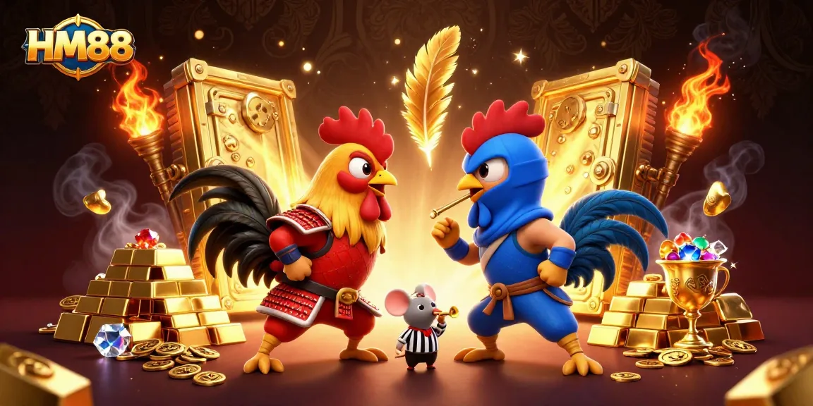 Engage with HM88's thrilling gaming scene featuring rooster combat and treasure elements.
