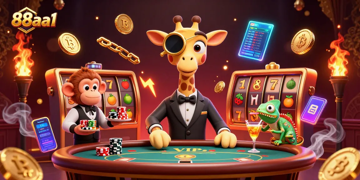 Experience the thrilling world of 88aa1 with jackpot symbols and high-roller characters in a vibrant casino scene.